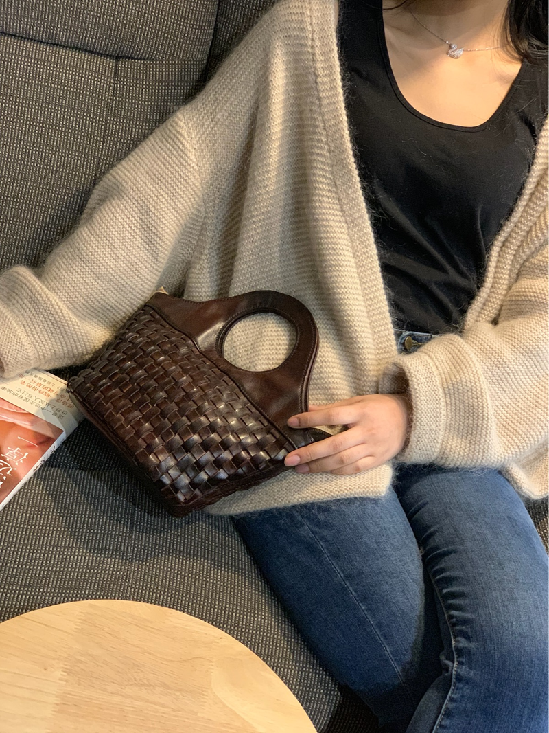Designer Coffee Womens Braided Leather Bucket Bag