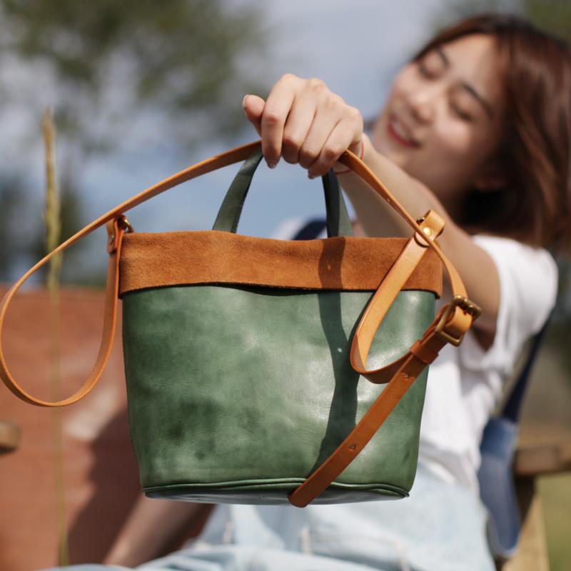 Vintage WOmens Green Leather Small Tote Bucket Bag Brown Small Tote Handbags Purse for Ladies