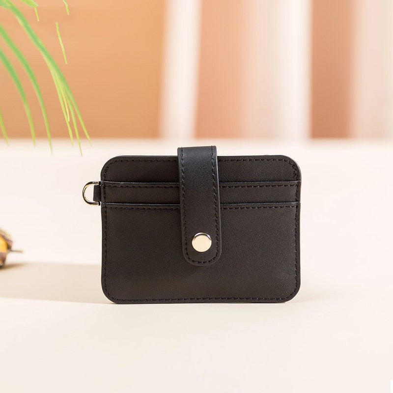 Cute Women Black Leather Card Holder Slim Card Wallet Slim Card Holder with Keychain Ring Credit Card Holder For Women