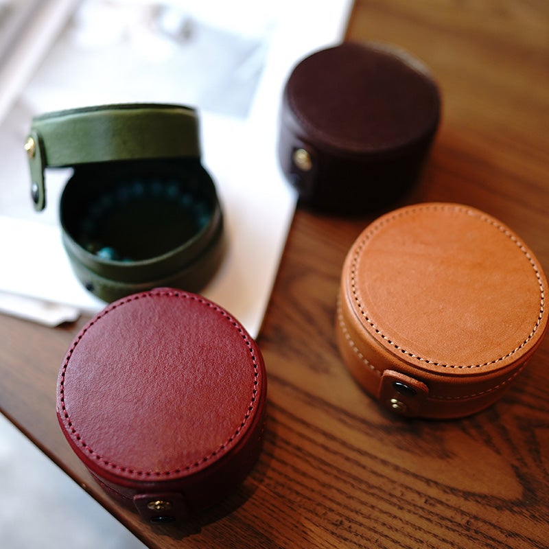 Cute Women Brown Leather Round Coin Wallet Box Small Portable Jewelry Storage Box For Women