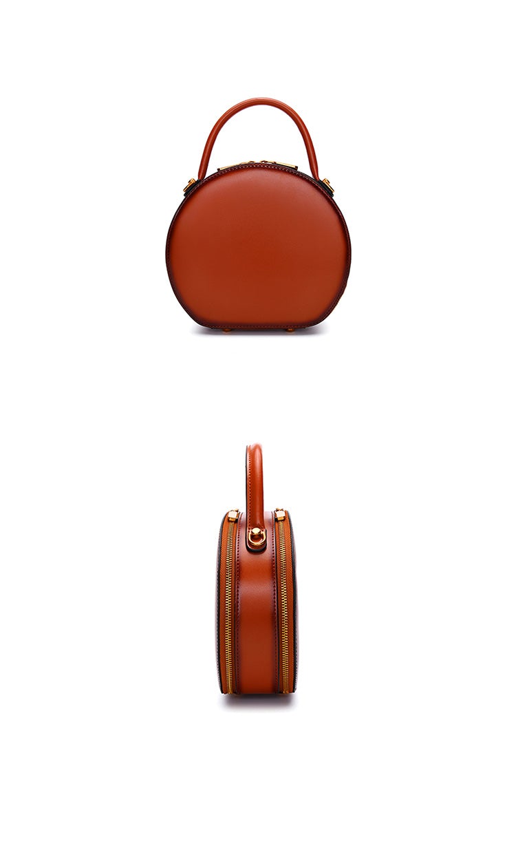 Cute Womens Brown Leather Round Handbag Crossbody Purses Round Brown Shoulder Bag for Women