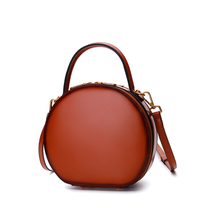 Cute Womens Brown Leather Round Handbag Crossbody Purses Round Brown Shoulder Bag for Women