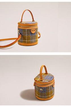 Plaid Bucket Bag With zipper Round Crossbody Purse