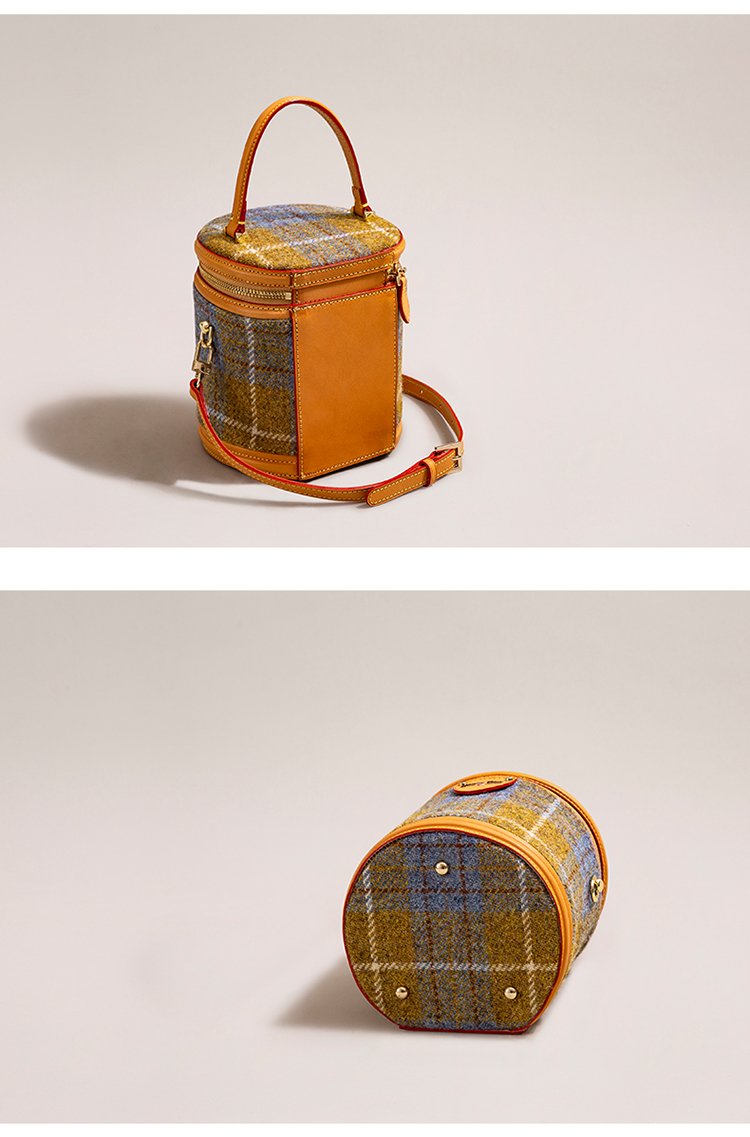 Navy Bucket Bag Tweed Mini Barrel Purse