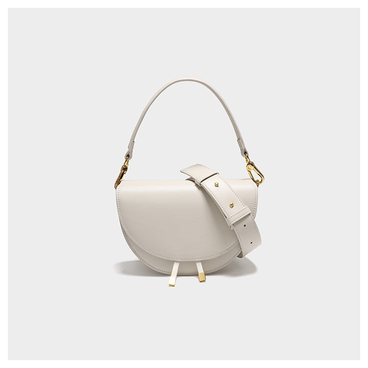 White Leather Saddle Round Handbag for Women