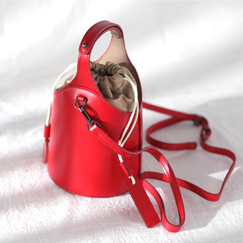 Red Leather Bucket Bag Drawstring Lock Cute Girly Style
