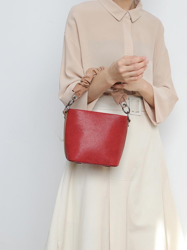 Red Cute Womens Leather Bucket Handbag