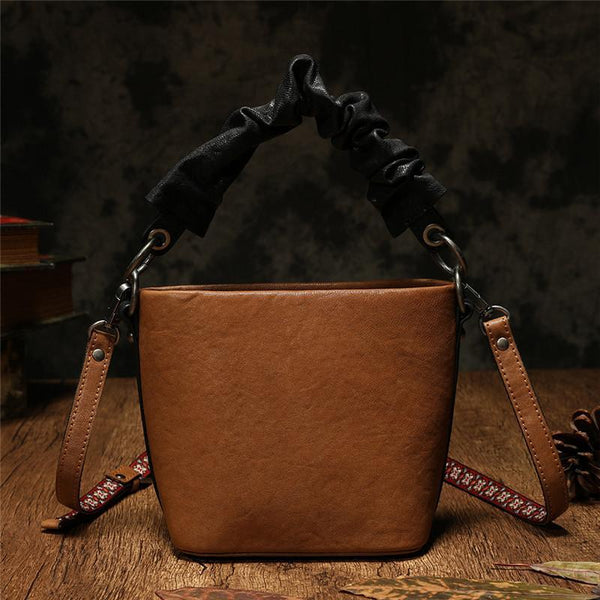 Brown Womens Leather Small Bucket Handbag