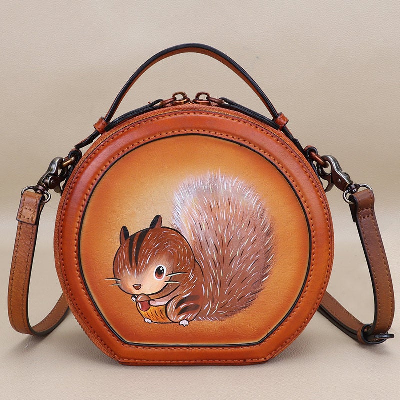 Cutest Women Brown Leather Round Handbag sSquirrel Crossbody Purse Vintage Round Shoulder Bags for Women
