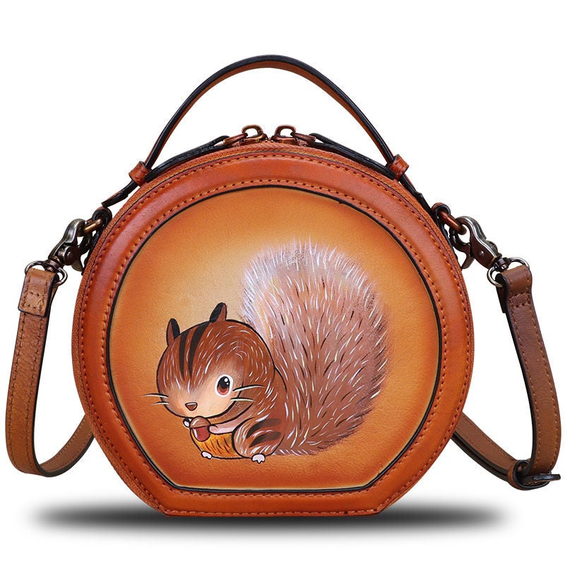 Cutest Women Brown Leather Round Handbag sSquirrel Crossbody Purse Vintage Round Shoulder Bags for Women