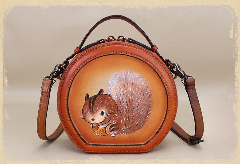Cutest Women Coffee Leather Round Handbag sSquirrel Crossbody Purse Vintage Round Shoulder Bags for Women