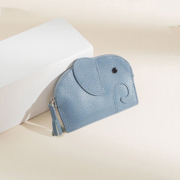 Elephant Women Blue Leather Small Zipper Wallet Keychain