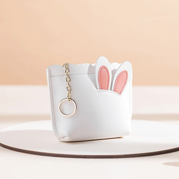 White Leather Bunny Coin Wallet Small Keychain