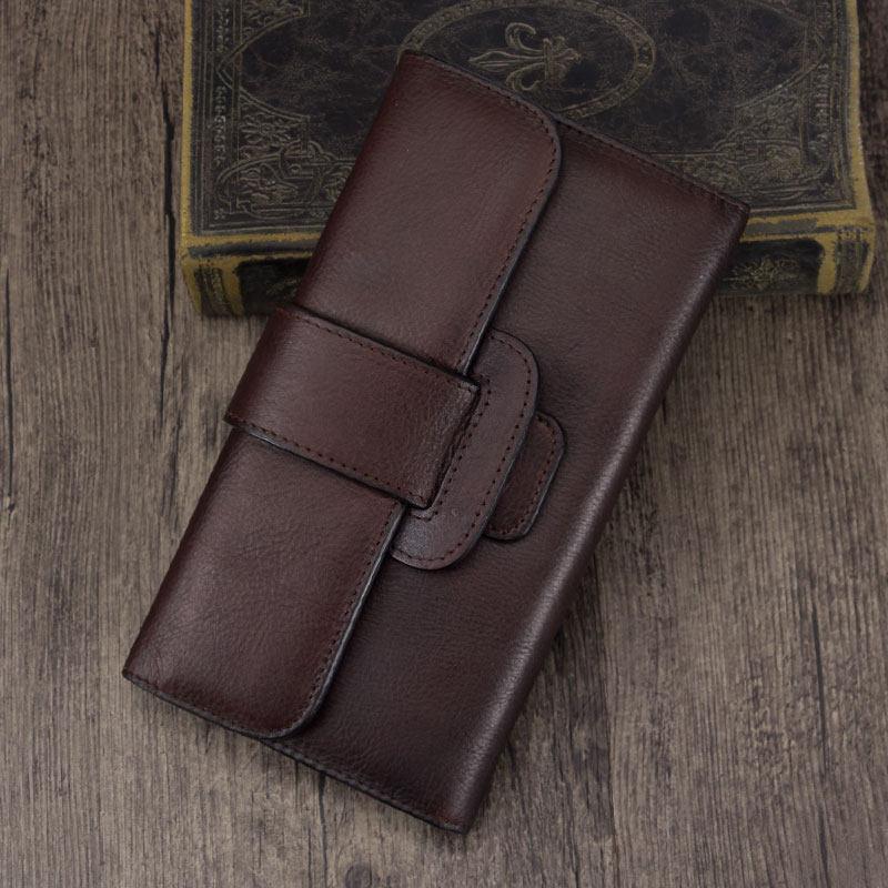 Distressed Leather Flap Long Wallet Card Holder Phone Purse