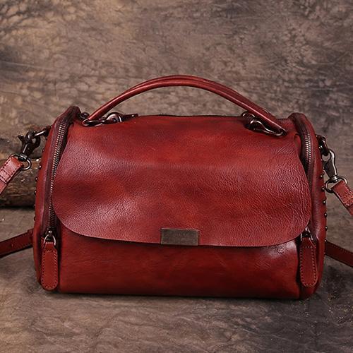 Hand-Dyed Vintage Womens Leather Handbags Brown Side Bag Red SHoulder Bag Purse for Ladies