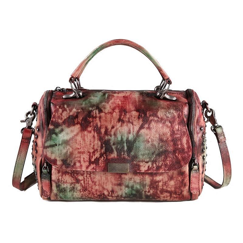 Hand-Dyed Vintage Womens Leather Handbags Red Side Bag Green SHoulder Bag Purse for Ladies