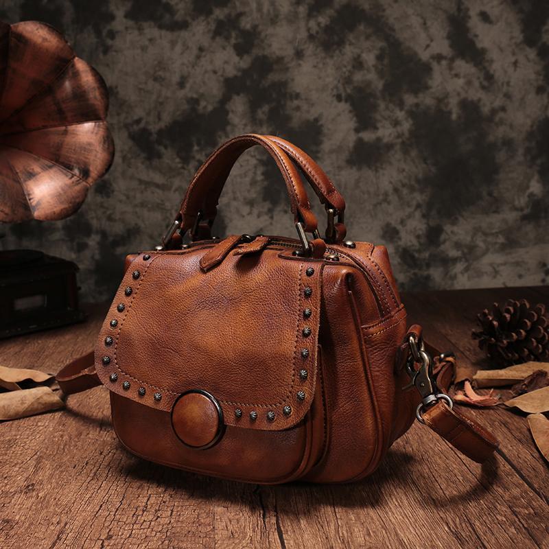 Brown Vintage Womens Leather Rivet Handbag Saddle Bag
