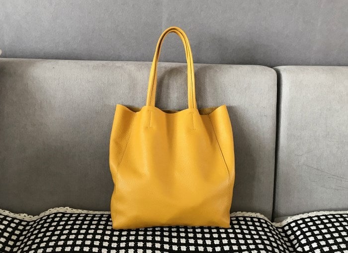 Fashion Womens Orange Leather Vertical Tote Bags Orange Shoulder Tote Bags Orange Handbags Tote For Women