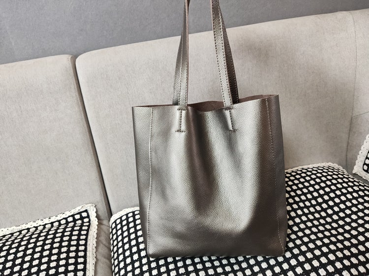 Fashion Womens Bronze Silver Leather Vertical Tote Bags Bronze Silver Shoulder Tote Bags Bronze Silver Handbags Tote For Women