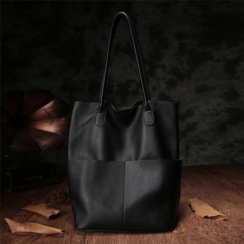 Vertical Black Leather Tote Bag Womens Brown Shopper Tote Handbag Purse
