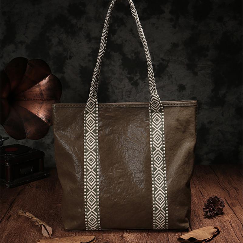 Vertical Brown Leather Tote Bag Womens Green Shopper Tote Handbag Purse