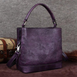 Purple Genuine Leather Womens Bucket Handbags Barrel Shoulder Bag Purses for Ladies