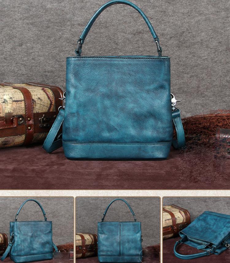 Vintage Women Blue Bucket Handbag Leather