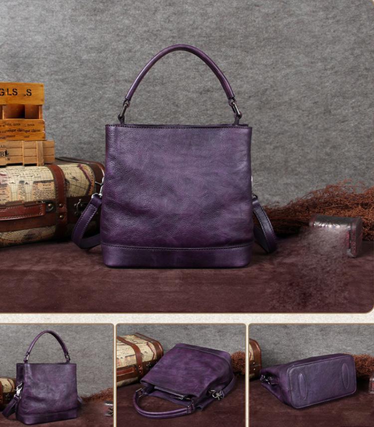 Purple Genuine Leather Bucket Handbags Womens