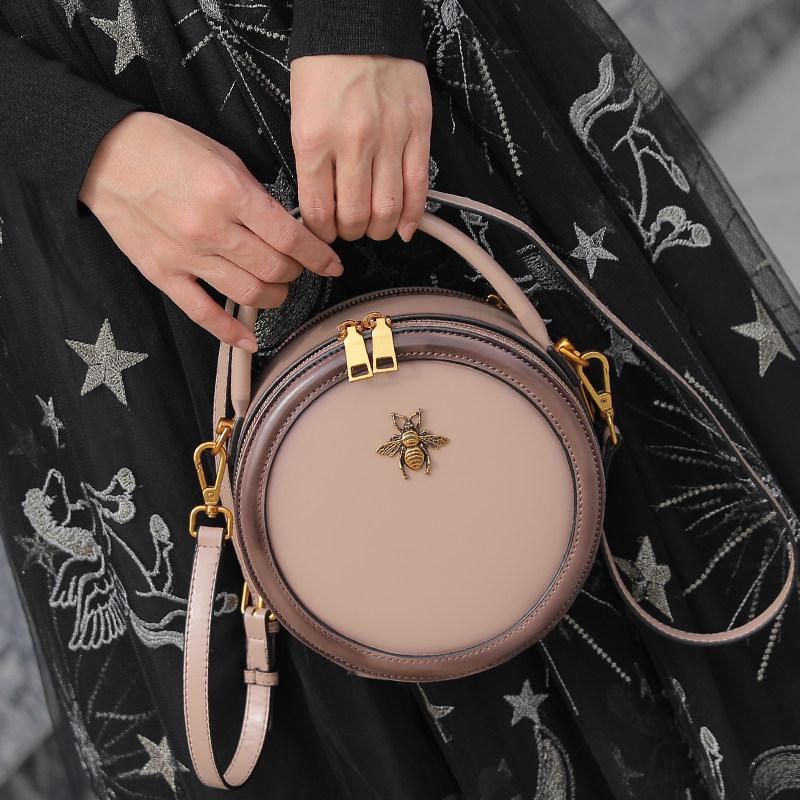Leather Circle Crossbody Purse With Bee Logo