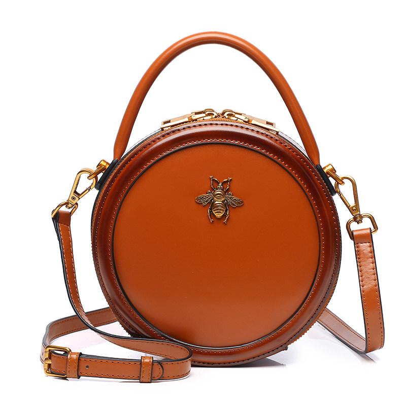 Leather Circle Crossbody Purse With Bee Logo