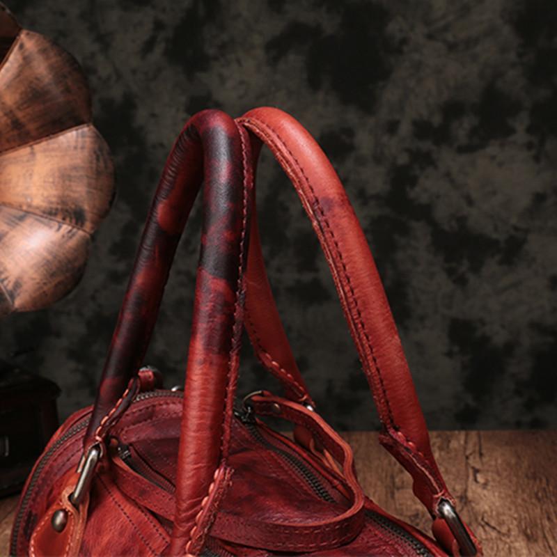 Boston Handbag Red Leather Women's Rivet Round