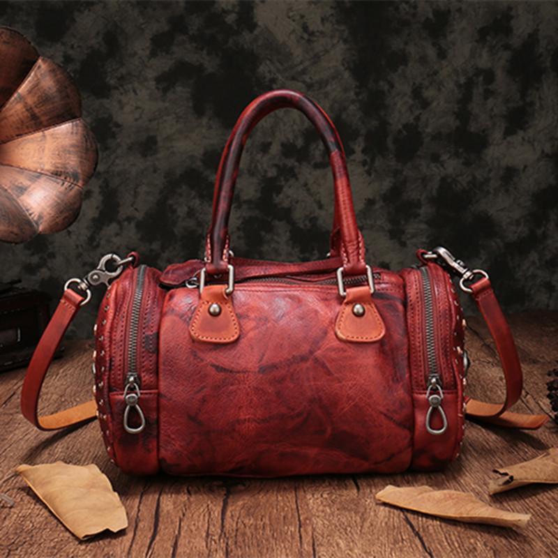 Brown Rivet Vintage Womens Leather Handbags Boston Purse Western Leather Boston Purses for Ladies
