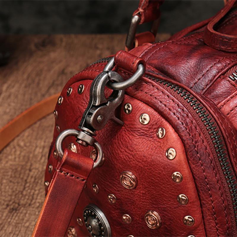 Brown Rivet Vintage Womens Leather Handbags Boston Purse Western Leather Boston Purses for Ladies