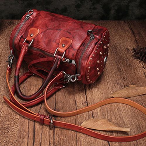 Boston Handbag Red Leather Women's Rivet Round