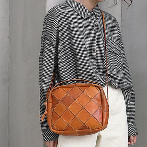 Brown Mosaic Womens Genuine Leather Shoulder Bag Handbag Bag Vintage Side Bag for Ladies