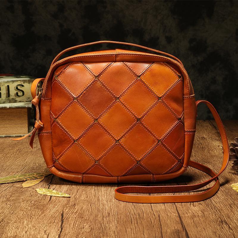 Coffee Mosaic Womens Genuine Leather Shoulder Bag Handbag Bag Vintage Side Bag for Ladies