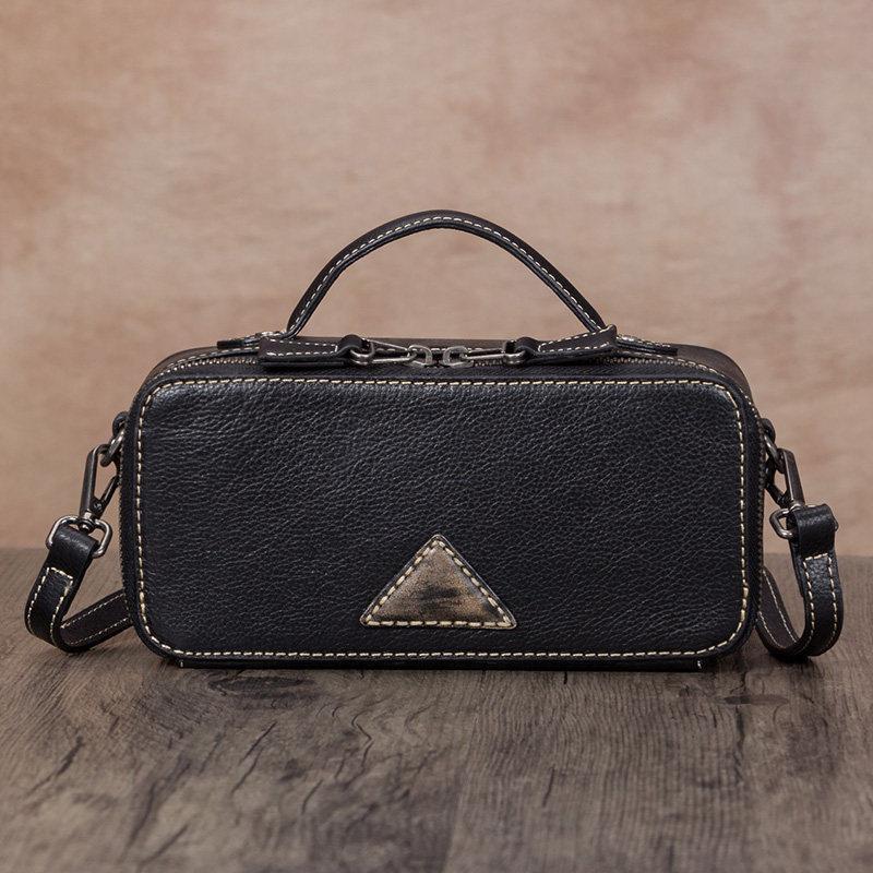 Black Leather Box Shoulder Bag Zip Closure Women's Small