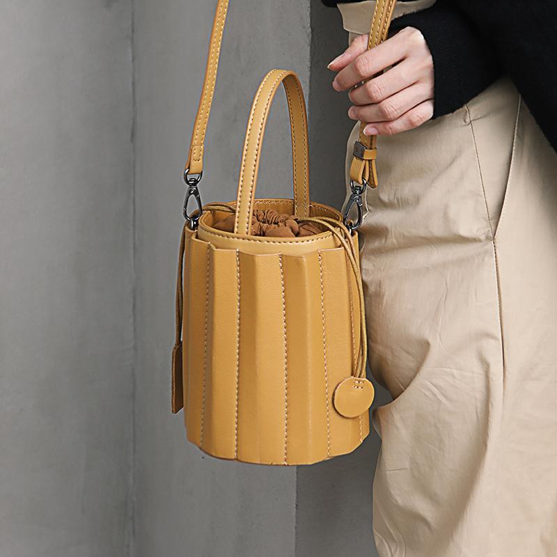 Trendy Brown Womens Leather Bucket Handbag