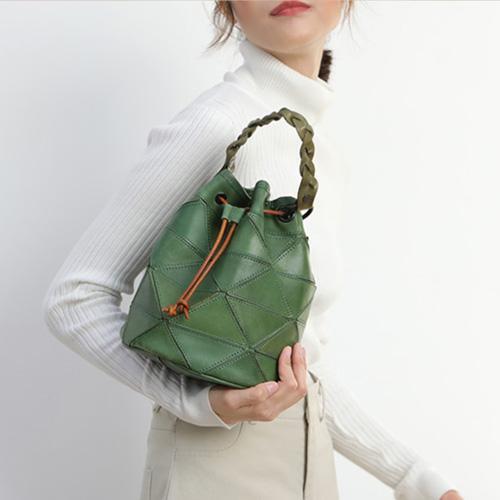 Cute Green Leather Womens Bucket Shoulder Bag Brown Handbag Barrel Bag for Ladies