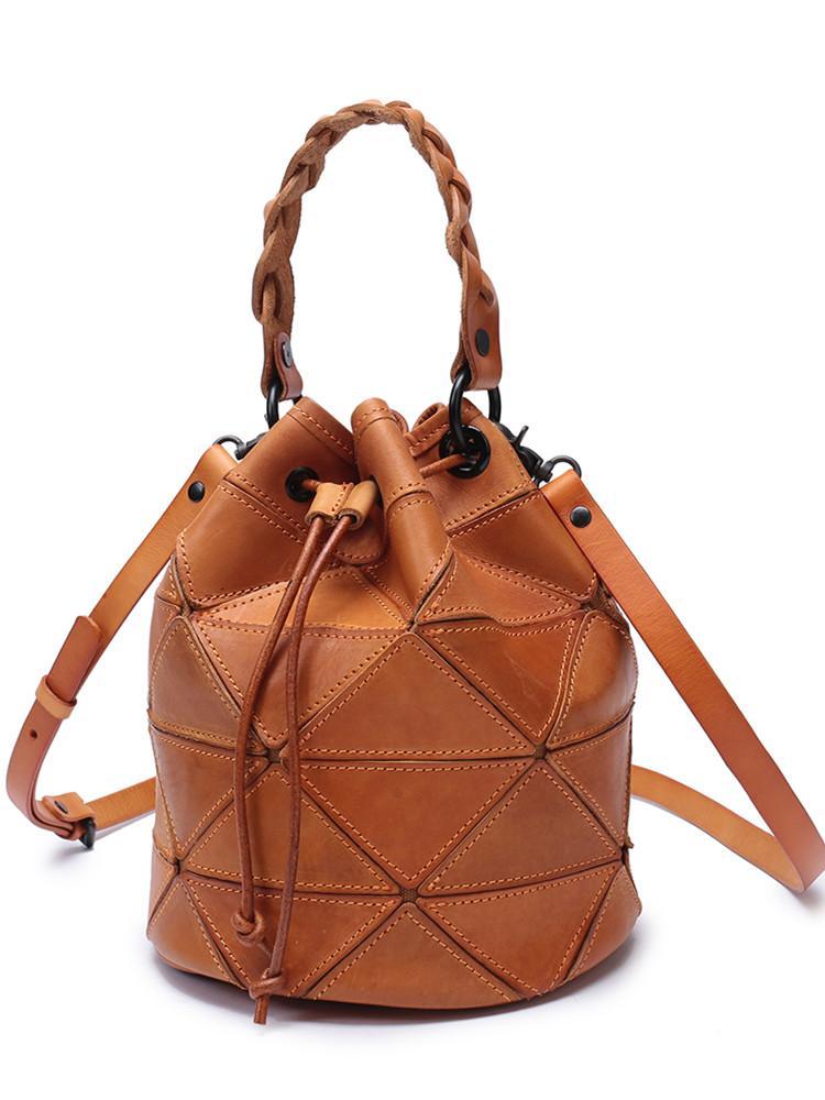 Quilted Leather Crossbody Bag Drawstring Barrel Purse