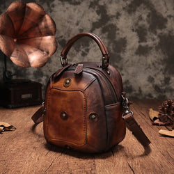 Vintage Brown Geometric Womens Leather Round Brown Handbag Box Shoulder Bag Purse for Ladies
