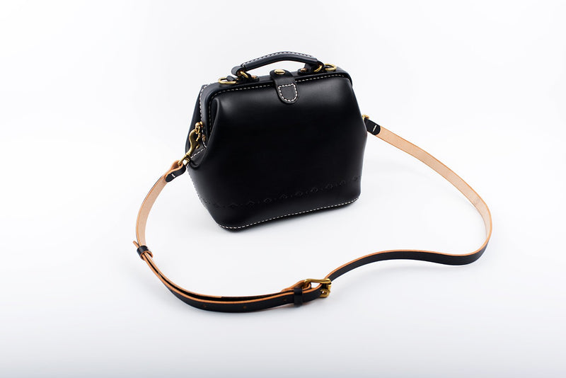 Handmade Womens Black Leather doctor Handbag shoulder doctor bags Purse for women