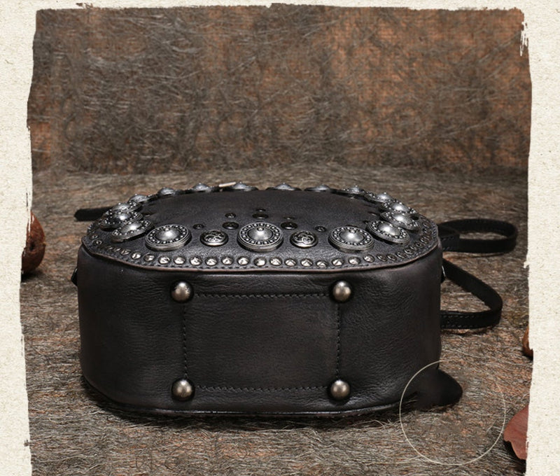 Handmade Womens Brown Leather Round Handbag Purses Rivet Round Shoulder Bag Crossbody Handbag for Women