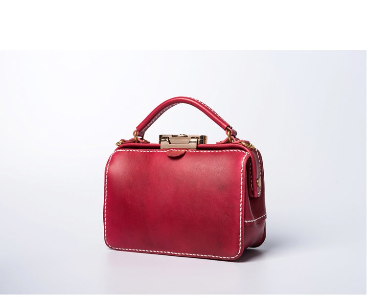Handmade Womens Red Leather Doctor Handbag Purse Small Side Bag Doctor Bags for Women
