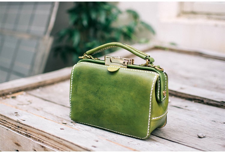 Handmade Womens Green Leather Doctor Handbag Purse Small Side Bag Doctor Bags for Women