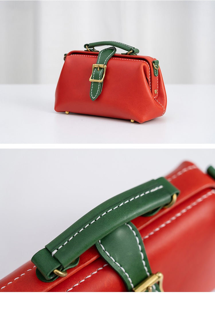 Handmade Womens Red Green Leather Doctor Handbag Side Purse Small Doctor Purse for Women