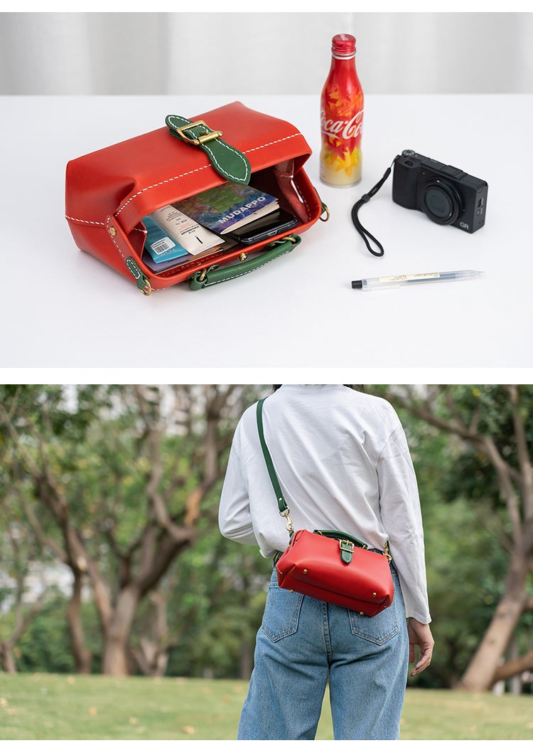 Handmade Womens Red Green Leather Doctor Handbag Side Purse Small Doctor Purse for Women