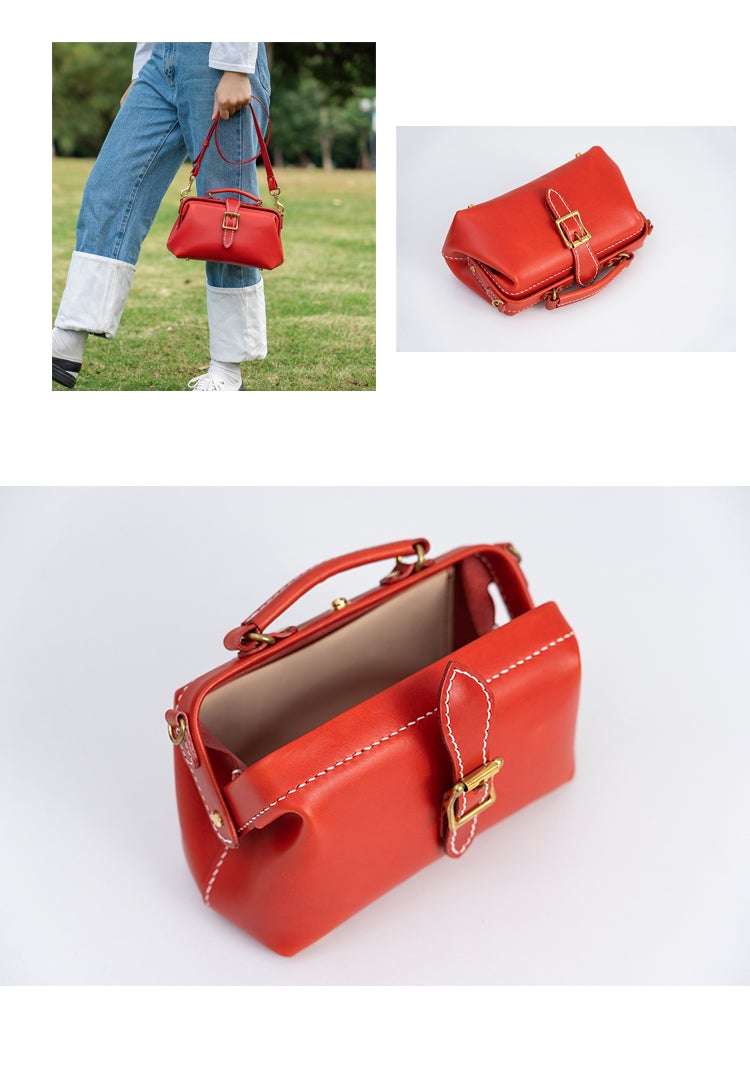 Handmade Womens Red Leather Doctor Handbag Side Purse Small Doctor Purse for Women