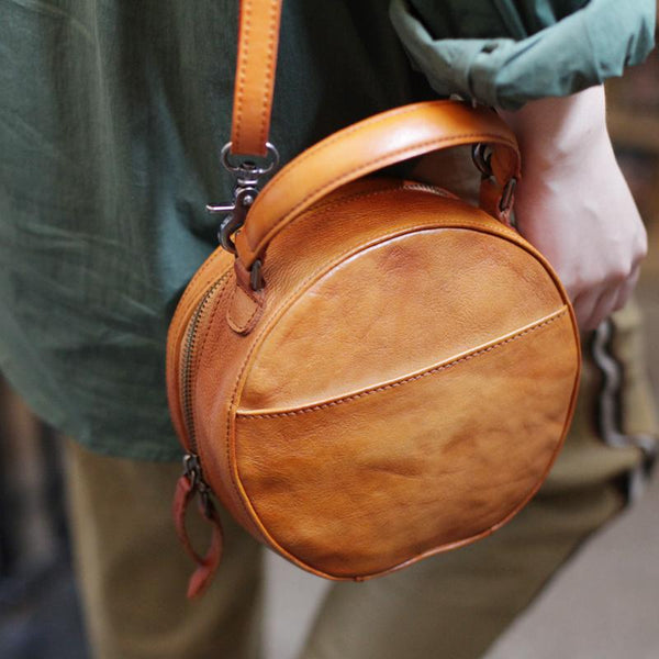 Vintage Brown leather Circle Crossbody Bag