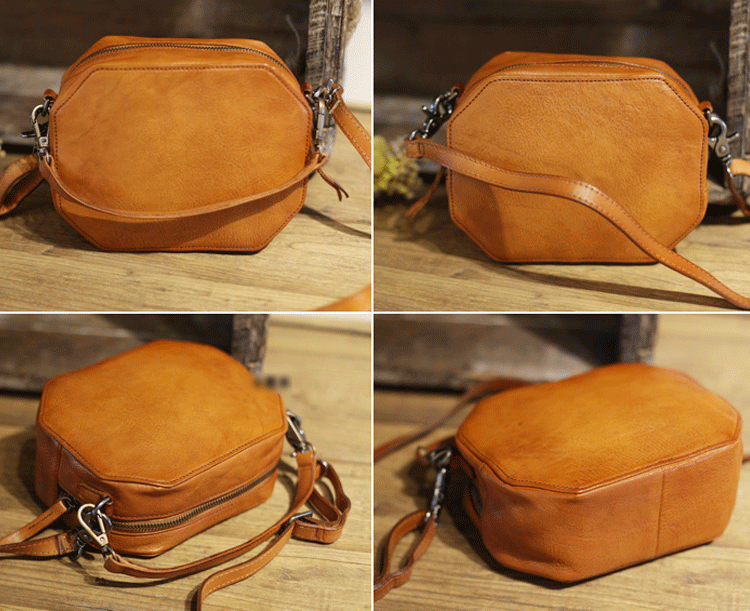 Handmade Womens Brown Leather Handbag Geometric Leather Square Shoulder Bag Crossbody Bag